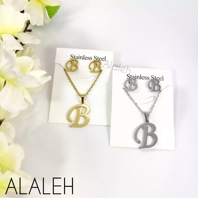 نیم ست استیل اصل طرح حروف لاتین B (شامل گردنبند و گوشواره)